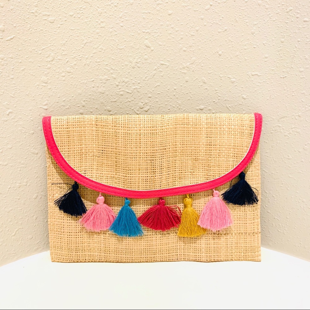 Imoshion Straw Natural Multicolored Tassels Clutch NWT